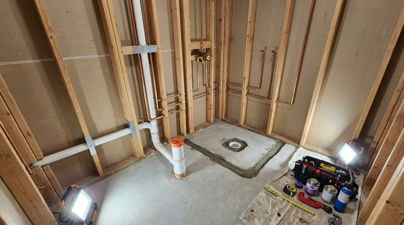 Bathroom rough-in plumbing during remodel by Johns Plumbing LLC in Old Westbury