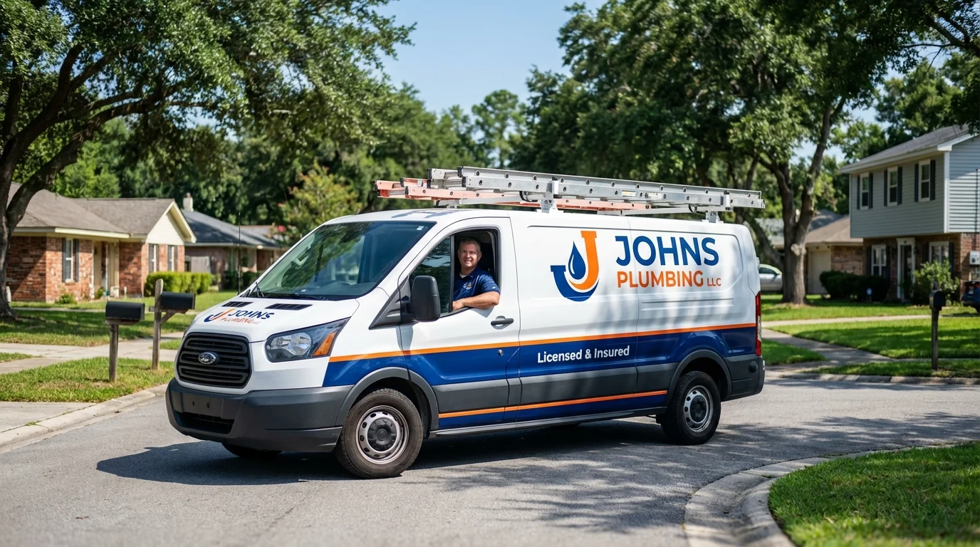 Johns Plumbing LLC service van in Old Westbury, NY