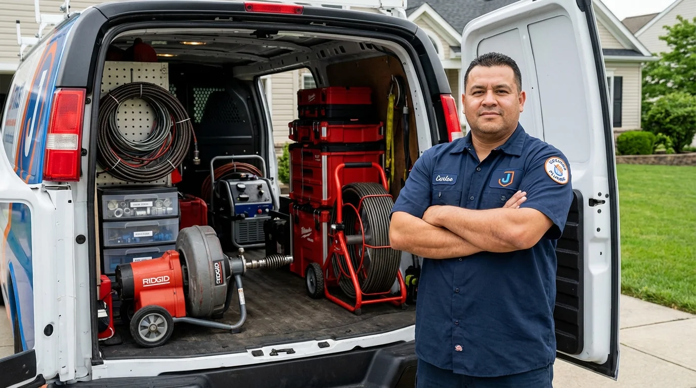 Professional drain cleaning equipment and Johns Plumbing LLC plumber in Old Westbury