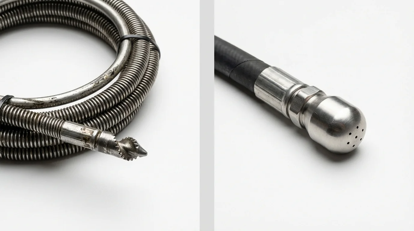 Drain snake cable and hydro jetting nozzle used for drain cleaning in Old Westbury, NY