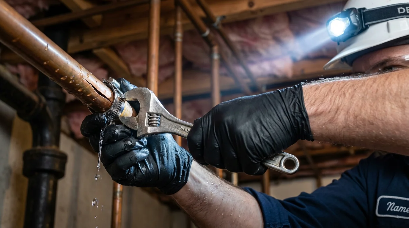 Emergency pipe clamp repair being performed by a Johns Plumbing LLC plumber in Old Westbury