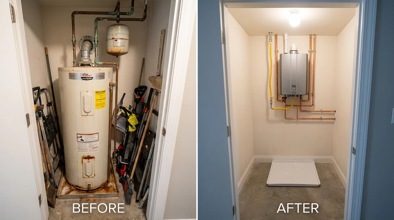 Tank water heater versus wall-mounted tankless unit comparison for Old Westbury, NY homeowners
