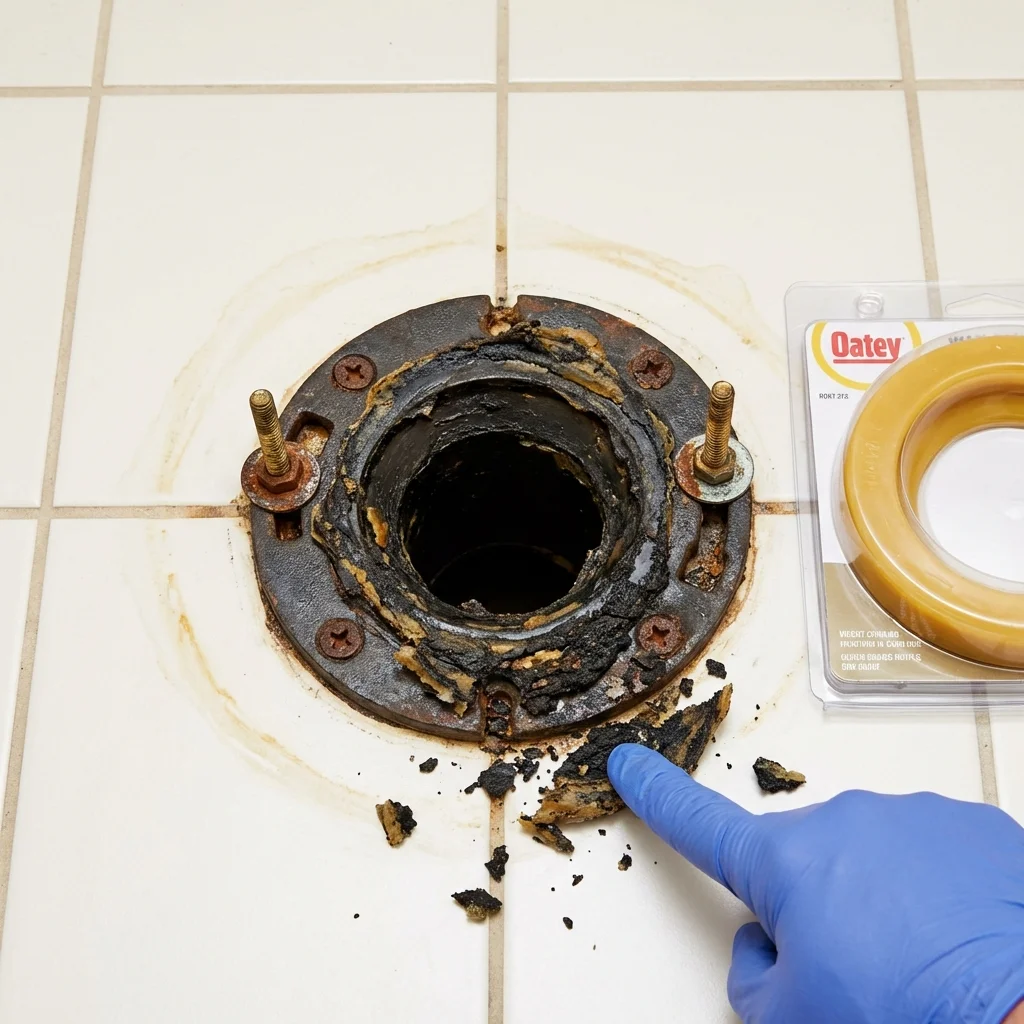 Failed wax ring showing water seepage at the base of a toilet in a Old Westbury, NY home