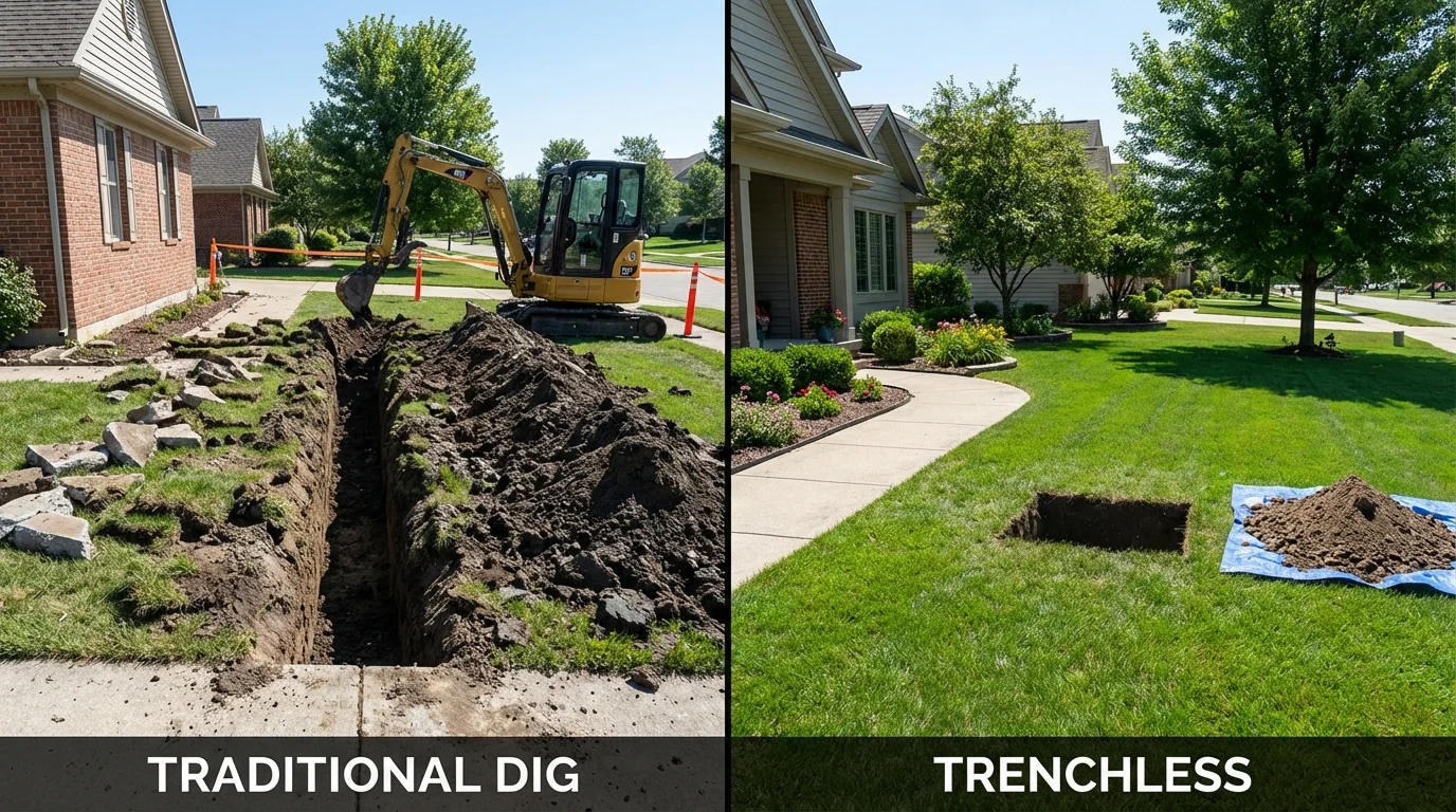 Trenchless sewer repair with minimal yard damage versus traditional excavation in Old Westbury, NY