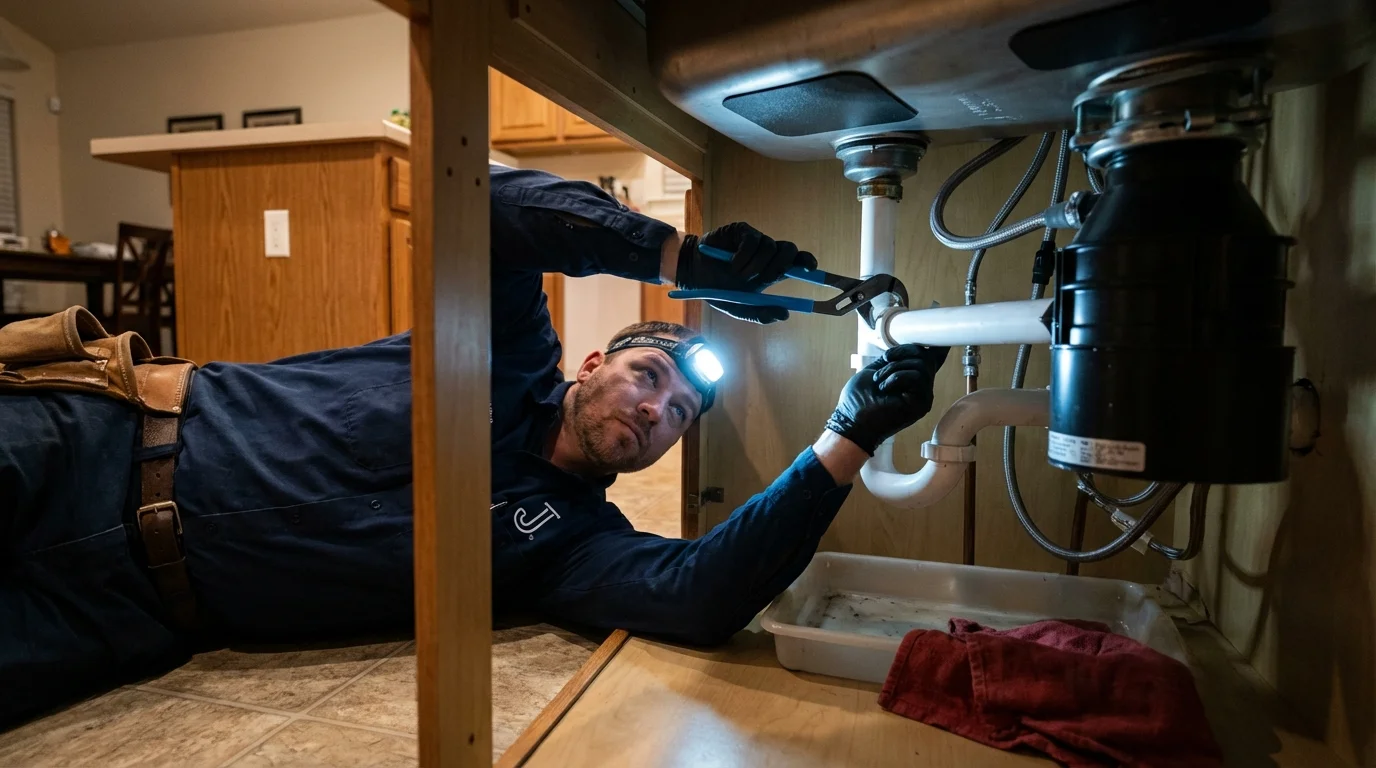 P-trap and supply line connections under a kitchen sink showing a common leak point in Old Westbury, NY